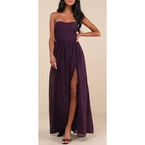NWT Lulus Luxe Favorite Dark Purple Strapless Ruched Maxi Dress Sz XS